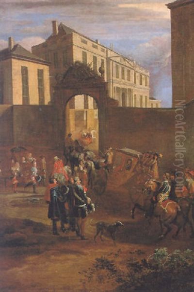 A Coach Approaching A Large Town House With Numerous Figures And A Sedan Chair Outside The Gates Oil Painting by Gerrit Adriaensz Berckheyde