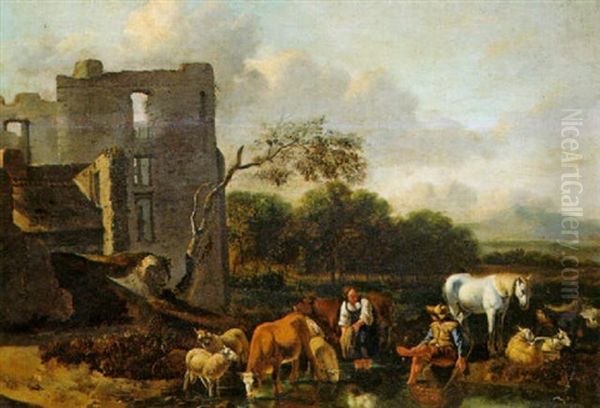 A Shepherd And Shepherdess Watering Cattle And Sheep Oil Painting by Gerrit Adriaensz Berckheyde