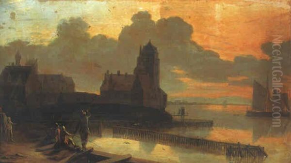 A Dutch Estuary At Sunset With Anglers On A Quay Oil Painting by Gerrit Adriaensz Berckheyde