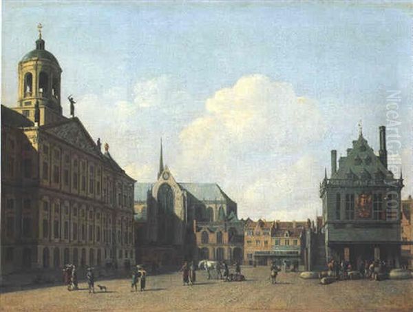 La Place Du Dam A Amsterdam Avec Le Stadhuis, La Nieuwekerk Et Le Waag Oil Painting by Gerrit Adriaensz Berckheyde