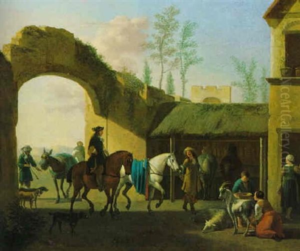 Ein Gutshof Mit Vornehmen Reitern Und Einer Ziegen Melkenden Baeuerin Oil Painting by Gerrit Adriaensz Berckheyde