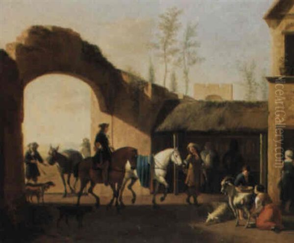 Travellers Arriving At An Inn Oil Painting by Gerrit Adriaensz Berckheyde