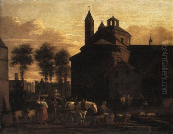 The Church Of The Holy Apostles, Cologne, With Peasants Oil Painting by Gerrit Adriaensz Berckheyde