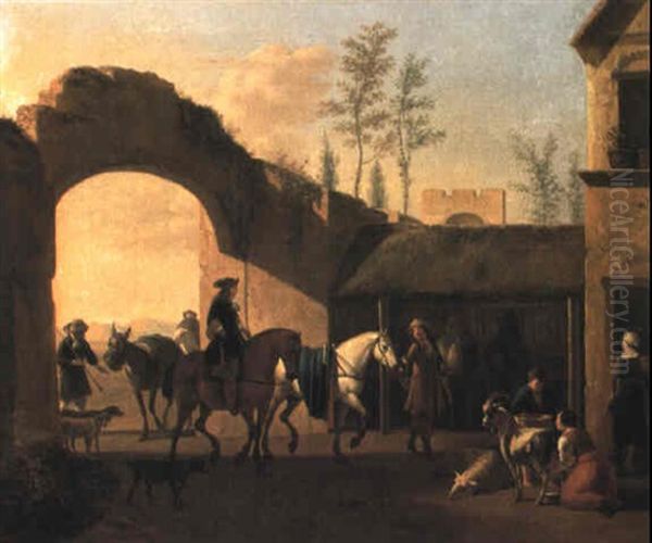 Two Gentlemen About To Stable Their Mounts In An Italianate Courtyard Oil Painting by Gerrit Adriaensz Berckheyde