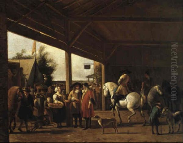 Cavaliers And Other Figures At A Market Oil Painting by Gerrit Adriaensz Berckheyde