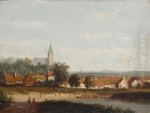 Village By The Water Oil Painting by Carl Eduard Ahrendts