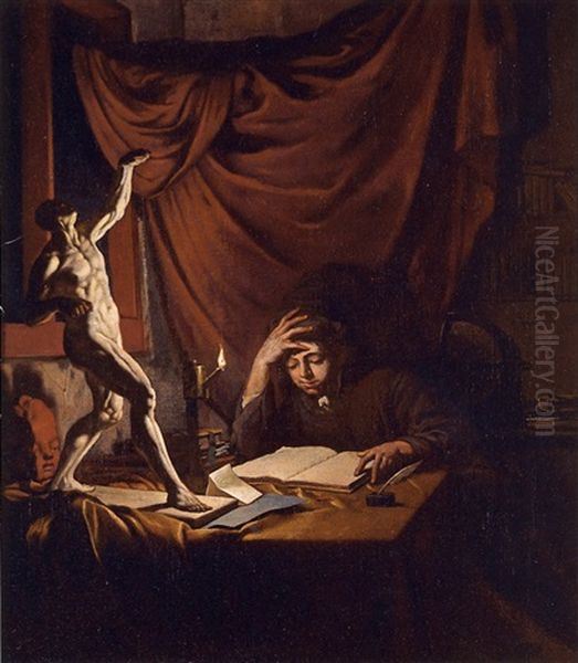 A Young Scholar Reading By Lamplight In A Study With An Ecorche Model And A Plaster Head Of A Putto On A Table Oil Painting by Job Adriaensz Berckheyde