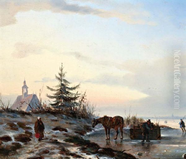 Winterlandschap Met Figuren En Paard Voor Slede Op Het Ijs Oil Painting by Carl Eduard Ahrendts