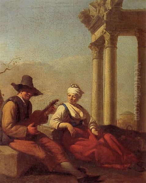 A Couple Making Music, Seated In A Landscape With Ruins Oil Painting by Job Adriaensz Berckheyde