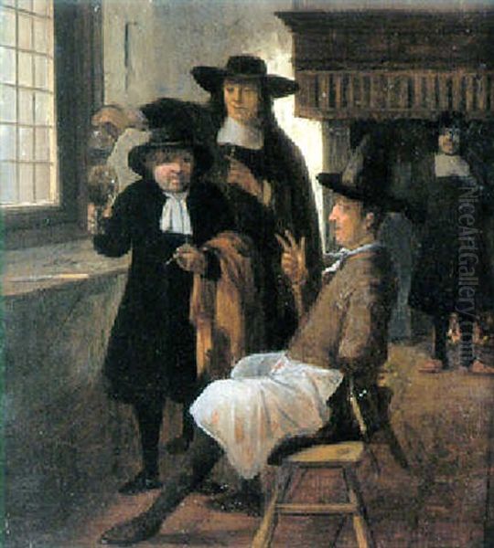 An Interior With Three Men Drinking And Another By A Fireplace Beyond Oil Painting by Job Adriaensz Berckheyde