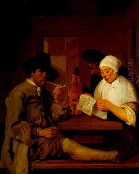 An Interior With A Smoker, A Musician And A Woman Reading A Paper Oil Painting by Job Adriaensz Berckheyde