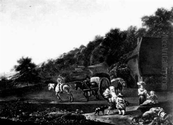 Peasants Meeting On A Country Road By A Horse And Cart by Job Adriaensz Berckheyde