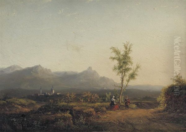 Travellers In An Extensive Landscape Oil Painting by Carl Eduard Ahrendts