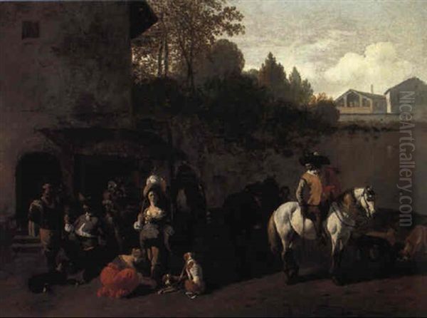 Hunting Party Halted At A Roadside Inn Oil Painting by Job Adriaensz Berckheyde