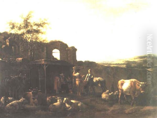 Shepherds With Cattle By Ruins In An Arcadian Landscape Oil Painting by Job Adriaensz Berckheyde