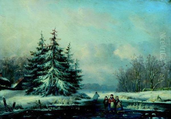 Boomrijk Sneeuwlandschap Metschaatsenrijders Oil Painting by Carl Eduard Ahrendts