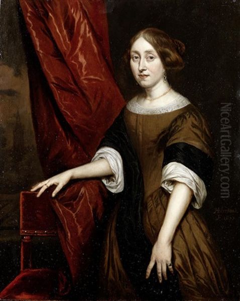 Portrait Of A Lady, Three-quarter-length, In A Brown Dress With A Black Shawl, Standing Before A Red Curtain Oil Painting by Hendrick Berckman