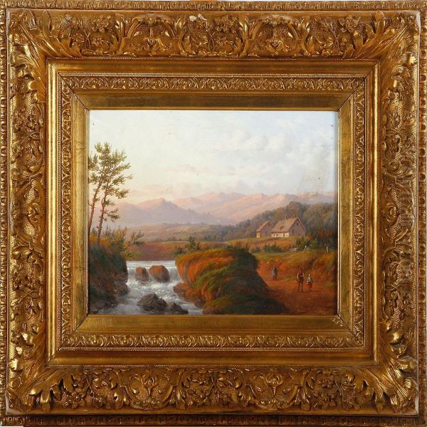 A Rocky Mountainscenery With A River And Persons Oil Painting by Carl Eduard Ahrendts