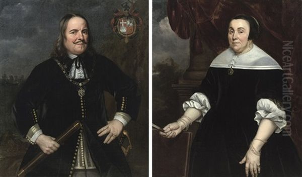 Portrait Of Michiel De Ruyter, Three-quarter-length, In A Black Costume With A Lace Jabot, Holding A Baton In His Right Hand, A Seascape Beyond (+ Portrait Of Anna Van Gelder; Pair) Oil Painting by Hendrick Berckman