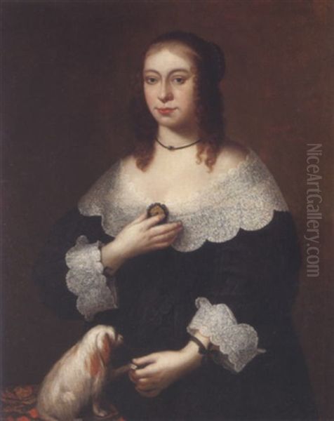 Portrait Of A Lady Wearing A Black Dress And Playing With A Dog Oil Painting by Hendrick Berckman