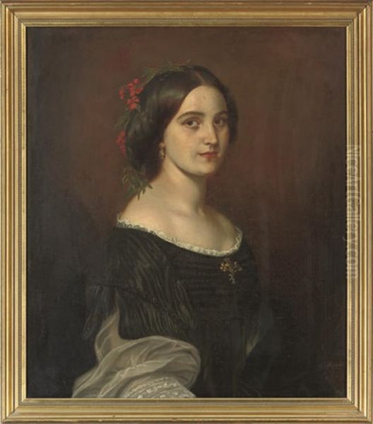 Portrait Of A Lady In A Black Dress With Lace Trim Oil Painting by Johann Baptiste Berdelle