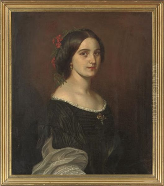 Portrait Of A Lady In A Black Dress With Lace Trim, Red Flowers In Her Hair Oil Painting by Johann Baptiste Berdelle