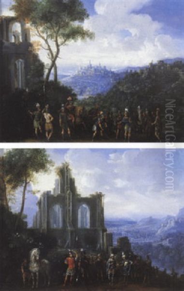 Halte Militaire Devant Un Vaste Paysage Panoramique Oil Painting by Jean-Georges Berdot