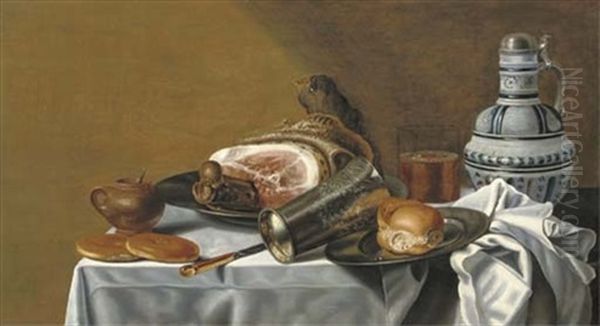 A Ham And A Bread Roll On Pewter Plates, A Silver-gilt Beaker, A Beer Glass, A Stoneware Jug, A Knife, Bread And A Stoneware Mustard Jar, On A Draped Table Oil Painting by Pieter Van Berendrecht