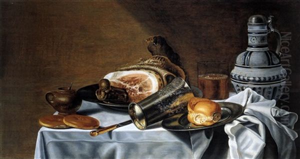 Stilleben Mit Einem Grossen Schinken, Silberbecher, Zinnteller, Brotchen, Westerwalder Krug Sowie Senftopfchen Und Messer Oil Painting by Pieter Van Berendrecht