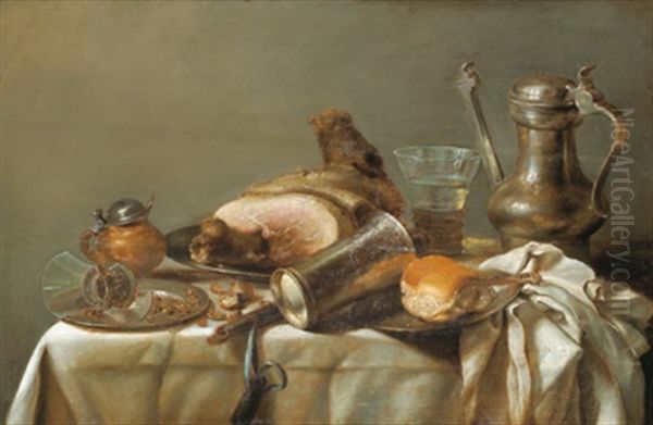 Stilleben Mit Silberpokal, Zinnkanne, Zinnteller, Gefulltem Weinglas Und Einem Schinken Oil Painting by Pieter Van Berendrecht