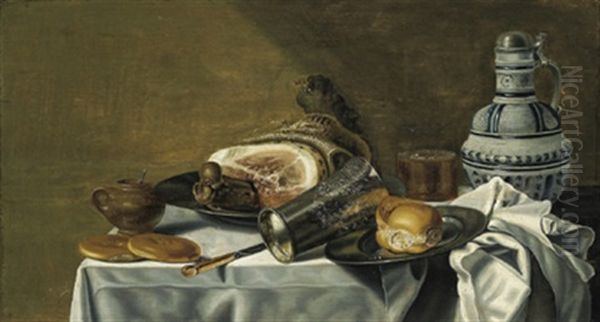 Stilleben Mit Einem Schinken, Einem Brotchen Auf Einem Zinnteller, Einem Silbernen Becher, Einem Bierglas Und Einem Tonkrug Oil Painting by Pieter Van Berendrecht