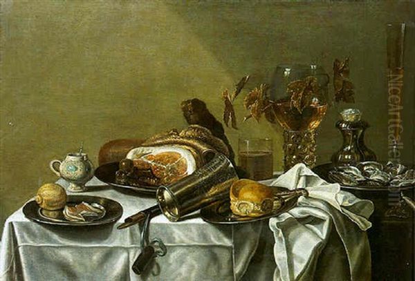 A Pronk Still Life With A Lemon And A Slice Of Ham, A Leg Of Ham, A Bun And A Knife And Oysters On The Pewter Plates With Other Objects On A Draped Table Oil Painting by Pieter Van Berendrecht