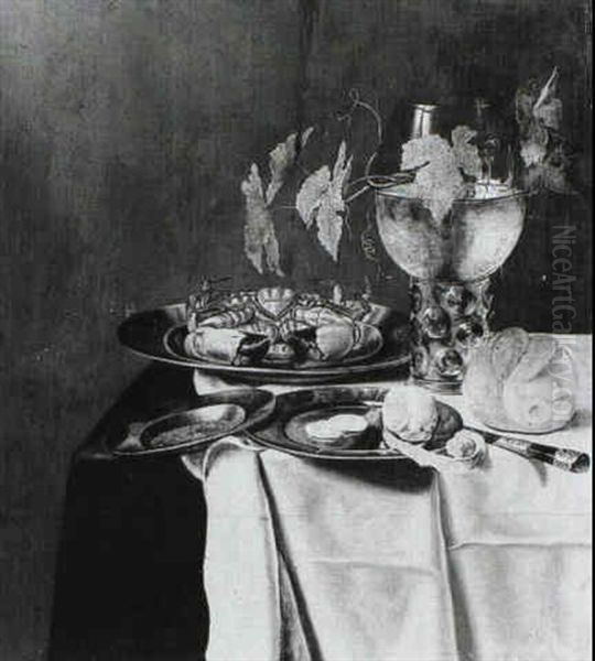 A Still-life Of A Crab And A Half-peeled Lemon On Some      Pewter Plates, A Bun And A Roemer, All Arranged On A Draped by Pieter Van Berendrecht