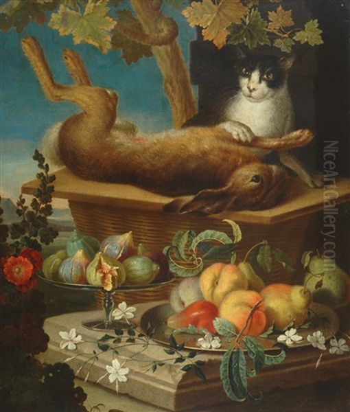 Natura Morta Con Lepre, Frutta E Gatto Oil Painting by Christian Berentz