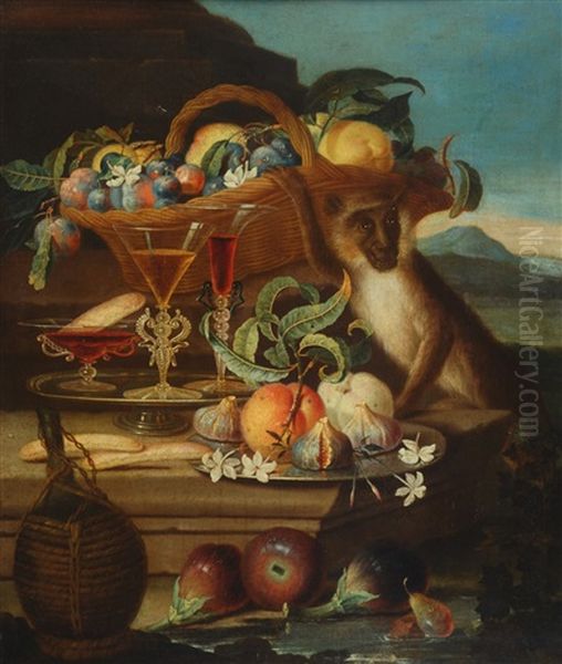 Natura Morta Con Cesta Di Frutta E Scimmia Oil Painting by Christian Berentz