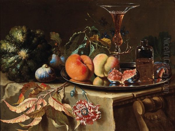 A Still Life Of Fruit And Flowers With A Glass Bottle And A Venetian Glass On A Silver Plate Oil Painting by Christian Berentz