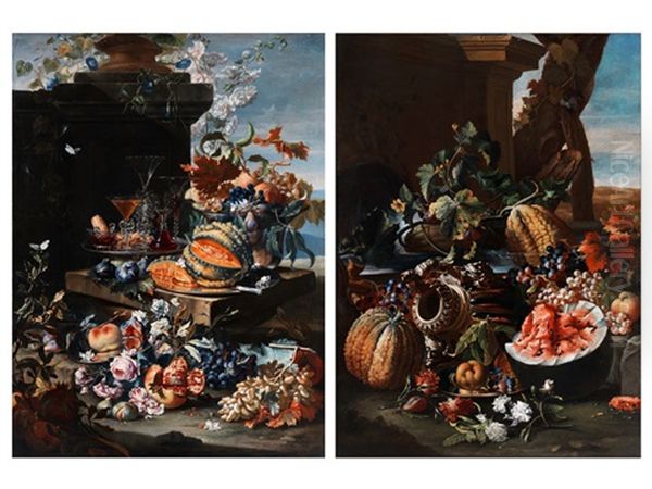 Stilleben Mit Blumen, Fruchten, Glasern Und Prunkgefass (pair) Oil Painting by Christian Berentz