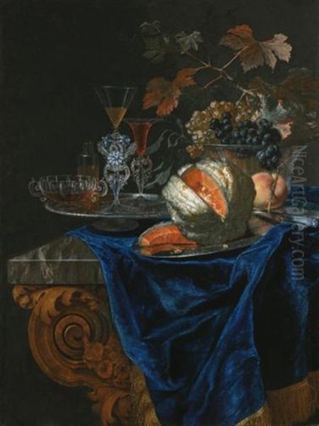 Still Life With A Melon And A Peach On A Silver Platter, Together With A Glass Bowl Of Grapes And A Tray Of Glassware On A Marble Table Top Oil Painting by Christian Berentz