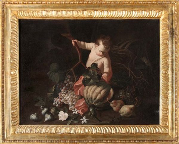 Natura Morta Con Frutta E Putto (collab. W/antonio Mercurio Amorosi) Oil Painting by Christian Berentz