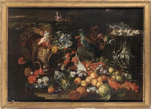 Nature Morte Aux Fruits, Oiseau Et Orfevrerie by Christian Berentz