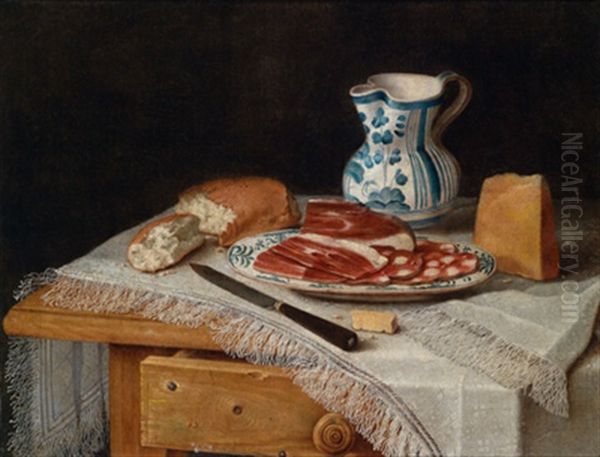 Ein Tisch Mit Weiser, Fransenbesetzter Decke, Darauf Eine Platte Mit Wurst Und Speck, Brot, Kase, Ein Weinkrug Und Ein Messer Oil Painting by Christian Berentz