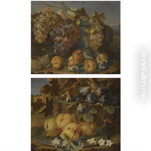 A Still Life Of Grapes On The Vine, Plums And Peaches In A Landscape (+ A Still Life Of Peaches And Pears On A Silver Tazza, Together With Figs; Pair) by Christian Berentz