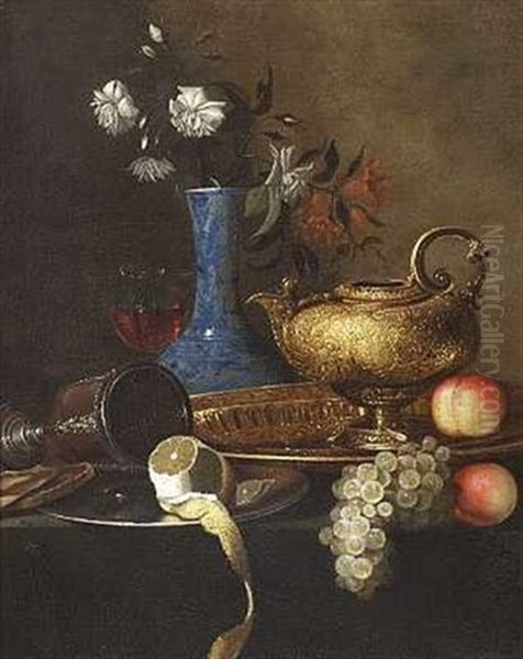 Stilleben Med Druer, Citron, Fersken, Messingfad Og Kande Pa Et Bord Oil Painting by Christian Berentz