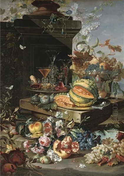 A Sliced Pumpkin On A Silver Plate, Facon-de-venise Glasses On A Second Silver Plate, Grapes, Peaches And Plums In A Glass Bowl With More Grapes, Figs, A Pomegranate, Roses And A Peach On A Silve Oil Painting by Christian Berentz