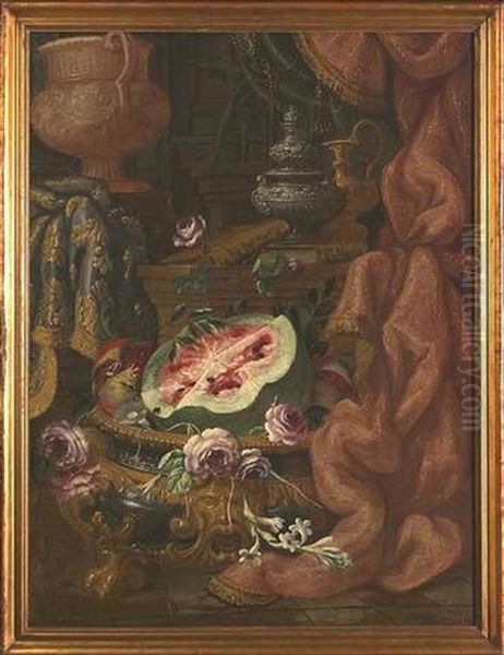 Prunkstilleben Mit Grosem Weinkuhler, Kannen, Fruchten Und Buchern Oil Painting by Christian Berentz