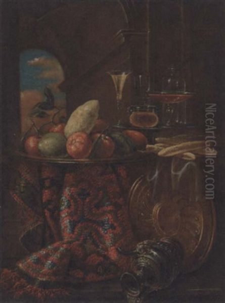 Oranges, Limes And A Lemon On A Dish, Bread Rolls And Glasses, On A Partly Draped Table With An Ewer And Platter Oil Painting by Christian Berentz