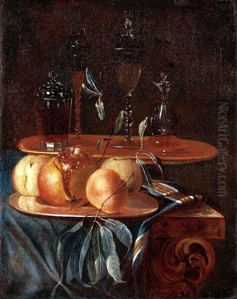 A Still Life Of Peaches, A Pomegranate On A Pewter Plate, Together With Various Glasses On A Table Draped With A Blue Velvet Cloth Oil Painting by Christian Berentz