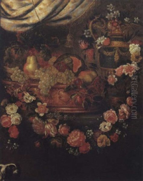 Cesto Di Vimini Entro Un Cache-pot Con Uve, Melone E Pere E Un Vaso Con Fiori Su Un Piano Di Pietra Decorato Con Ghirlanda Di Fiori Oil Painting by Christian Berentz