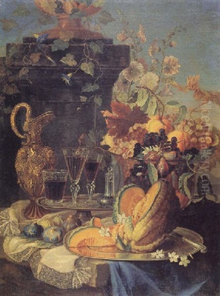 Still Life With Fruit In A Glass Bowl, A Cut Melon And Goblets On Pewter Plates, A Gilt Flagon And Other Objects, All On A Draped Stone Ledge Oil Painting by Christian Berentz