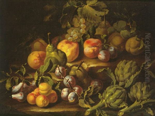 A Still Life Of Artichokes, Pears, Plums, Grapes, Peaches And Apricots On Stone Steps Oil Painting by Christian Berentz